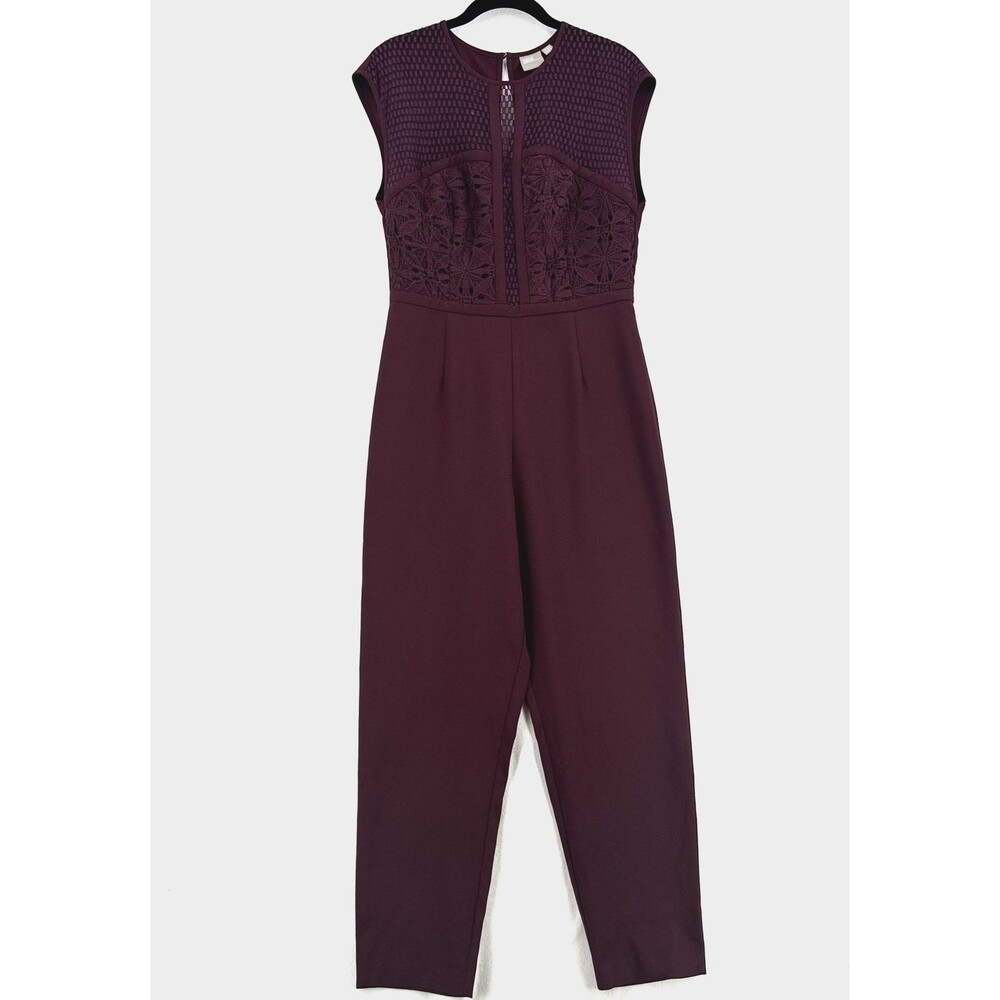 ASOS Burgundy Lace Jumpsuit Women US 6 Crochet Mesh Bodice Tapered Leg Formal